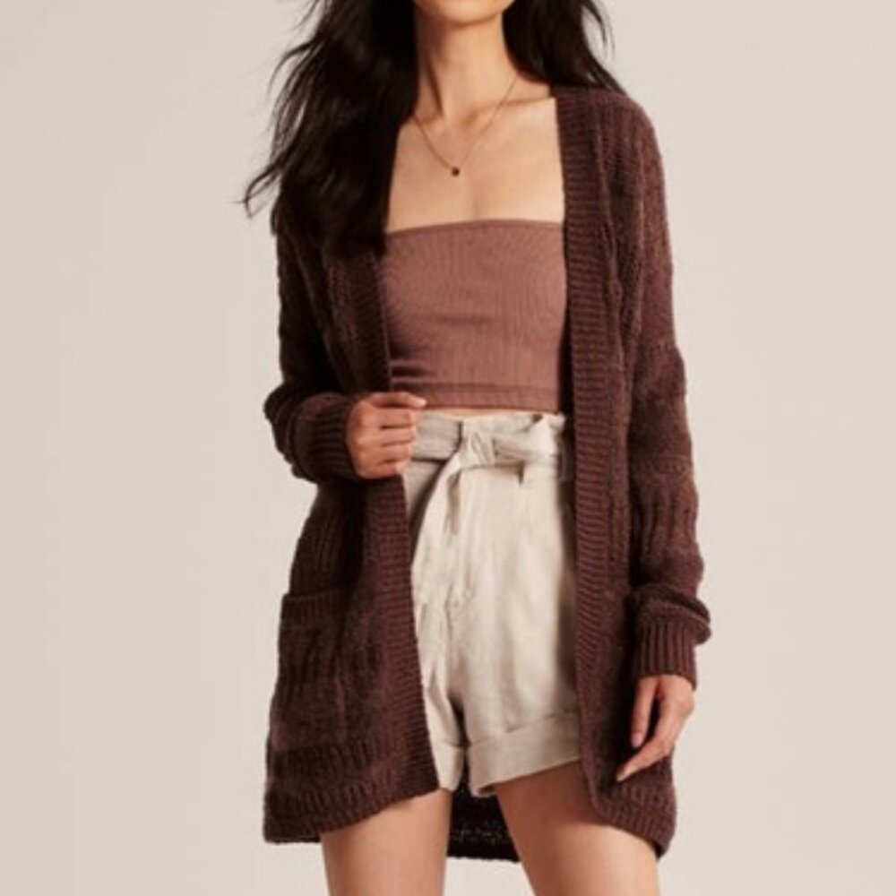 Abercrombie Cardigan Sweater Women Knit Open Duster Brown Long Pockets M flawed